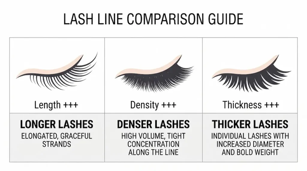 Illustration comparing lash length, lash density and lash thickness