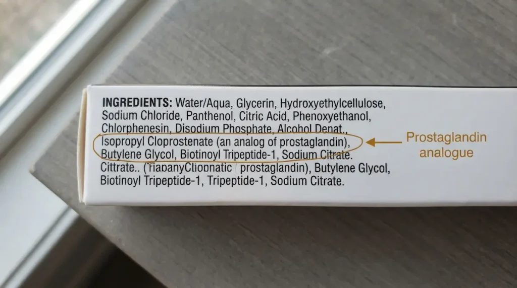 Ingredient label showing isopropyl cloprostenate listed among other ingredients
